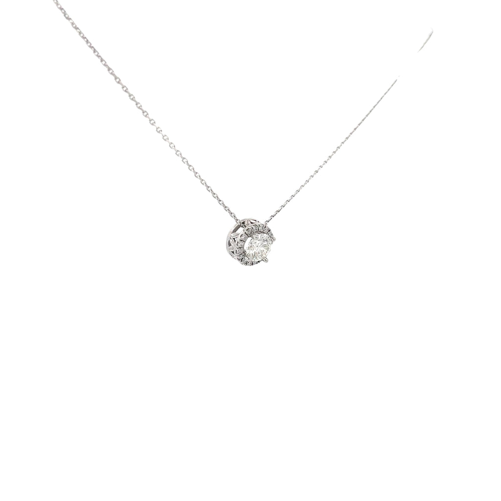 14k White Gold .96ct I I1 Round Center Diamond and along Halo .28ct I I1 Round Diamond Solitaire Necklace Certified By GIA # 2225434020