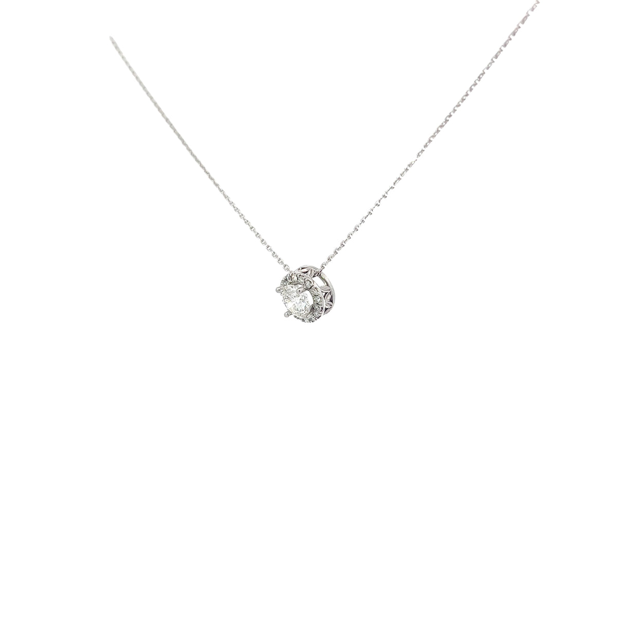 14k White Gold .96ct I I1 Round Center Diamond and Along Halo .28ct I I1 Round Diamond Solitaire Necklace Certified by GIA #2225434020