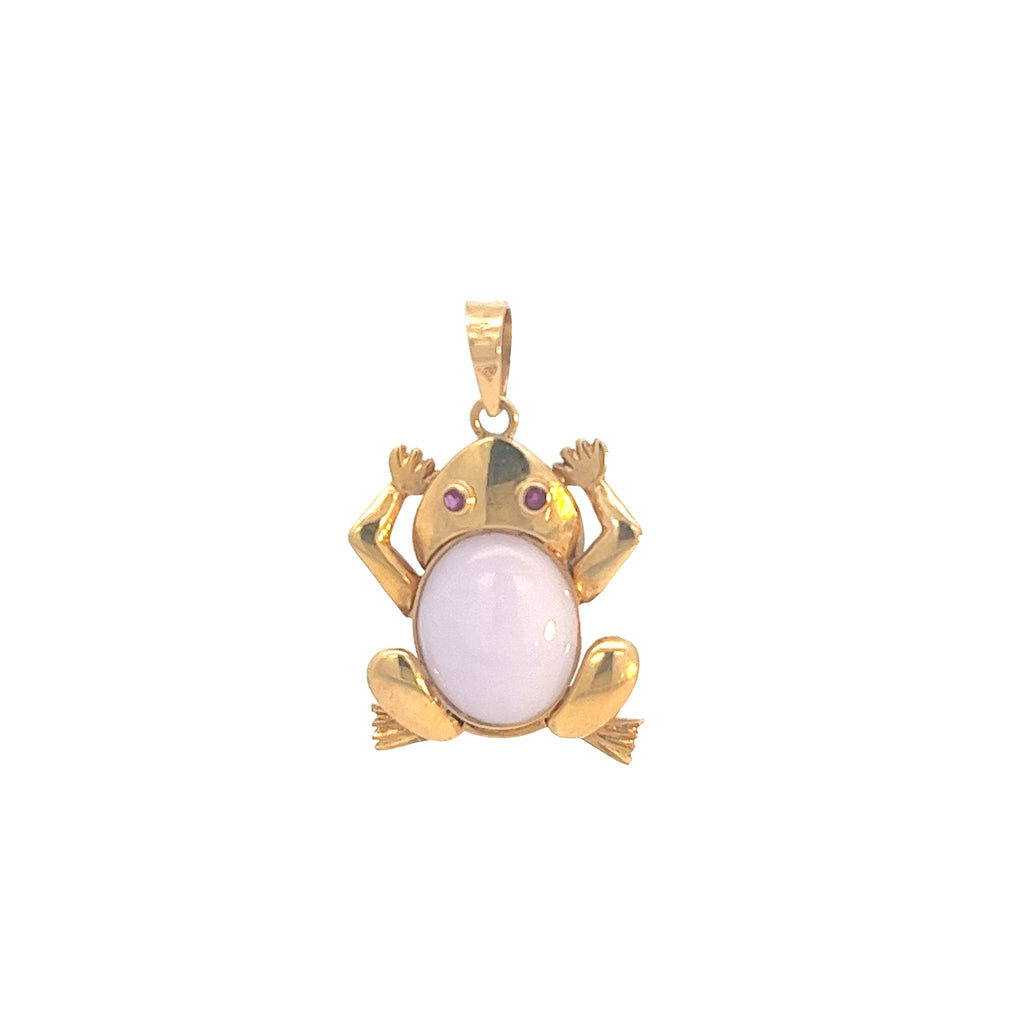 18k Yellow Gold Ruby and Lavender Jade Frog Pendant
