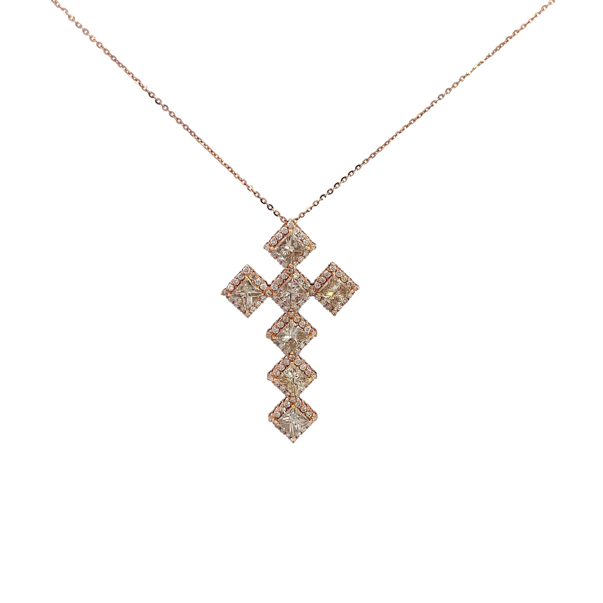 14k Rose Gold 2.35ct Chocolate Princess Cut Diamond and .90ct G SI1 Round Diamond Cross Necklace