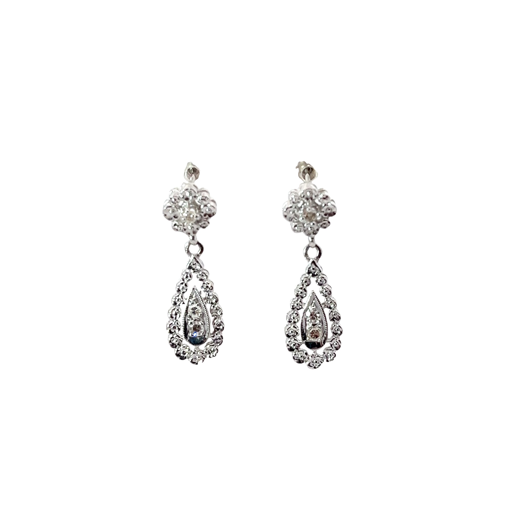 14K WHITE GOLD  .35CT GVS2 ROUND DIAMOND VINTAGE DROP EARRINGS