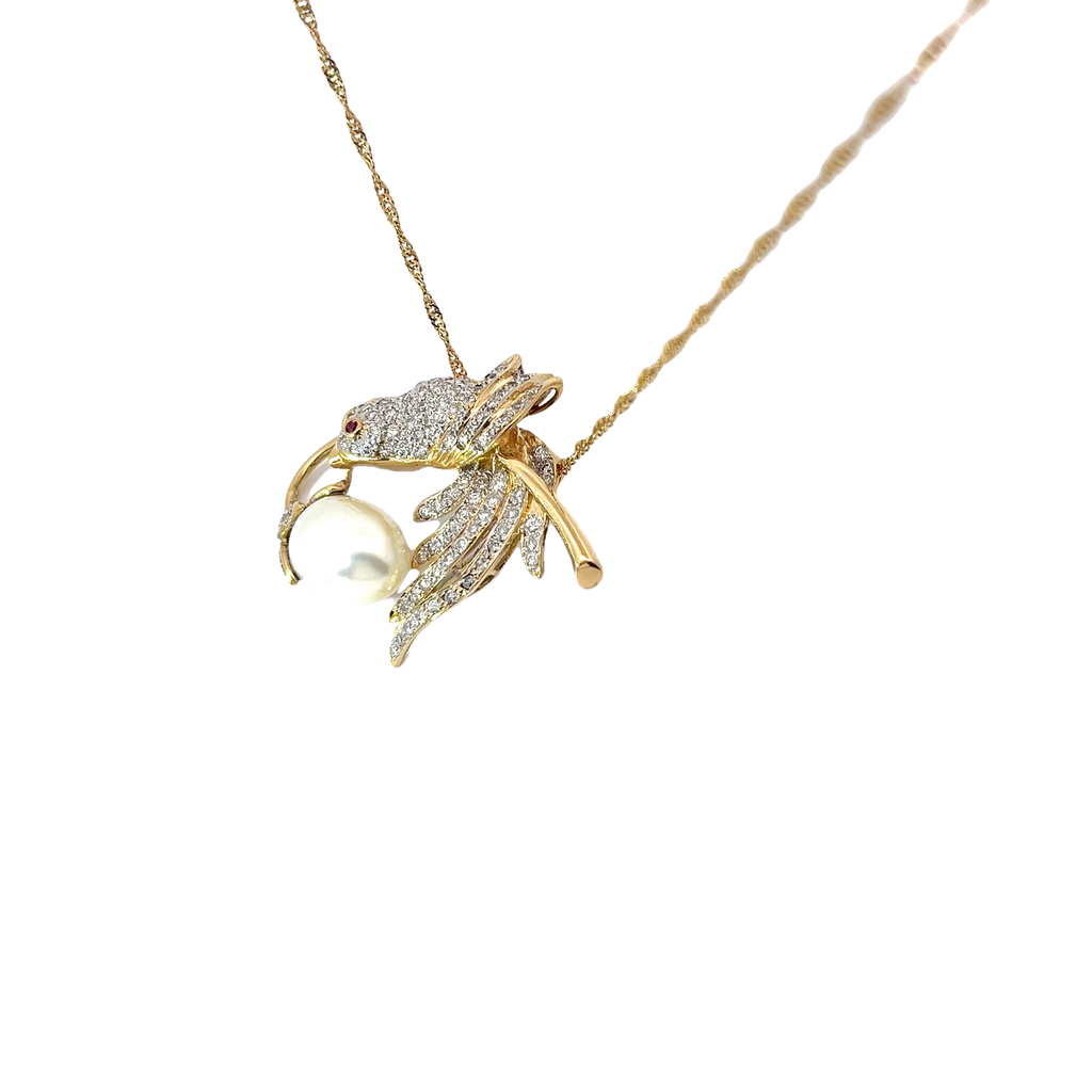 18k Yellow Gold Vintage 1.50ct F VS2 Pave Set Humming Bird Pearl Pendant