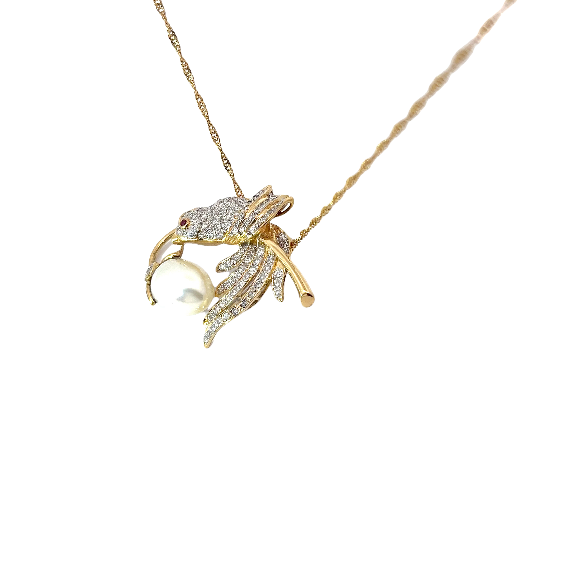 18k Yellow Gold Vintage 1.50ct F VS2 Pave Set Humming Bird Pearl Pendant