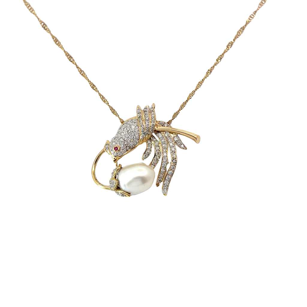 18k Yellow Gold Vintage 1.50ct F VS2 Pave Set Humming Bird Pearl Pendant