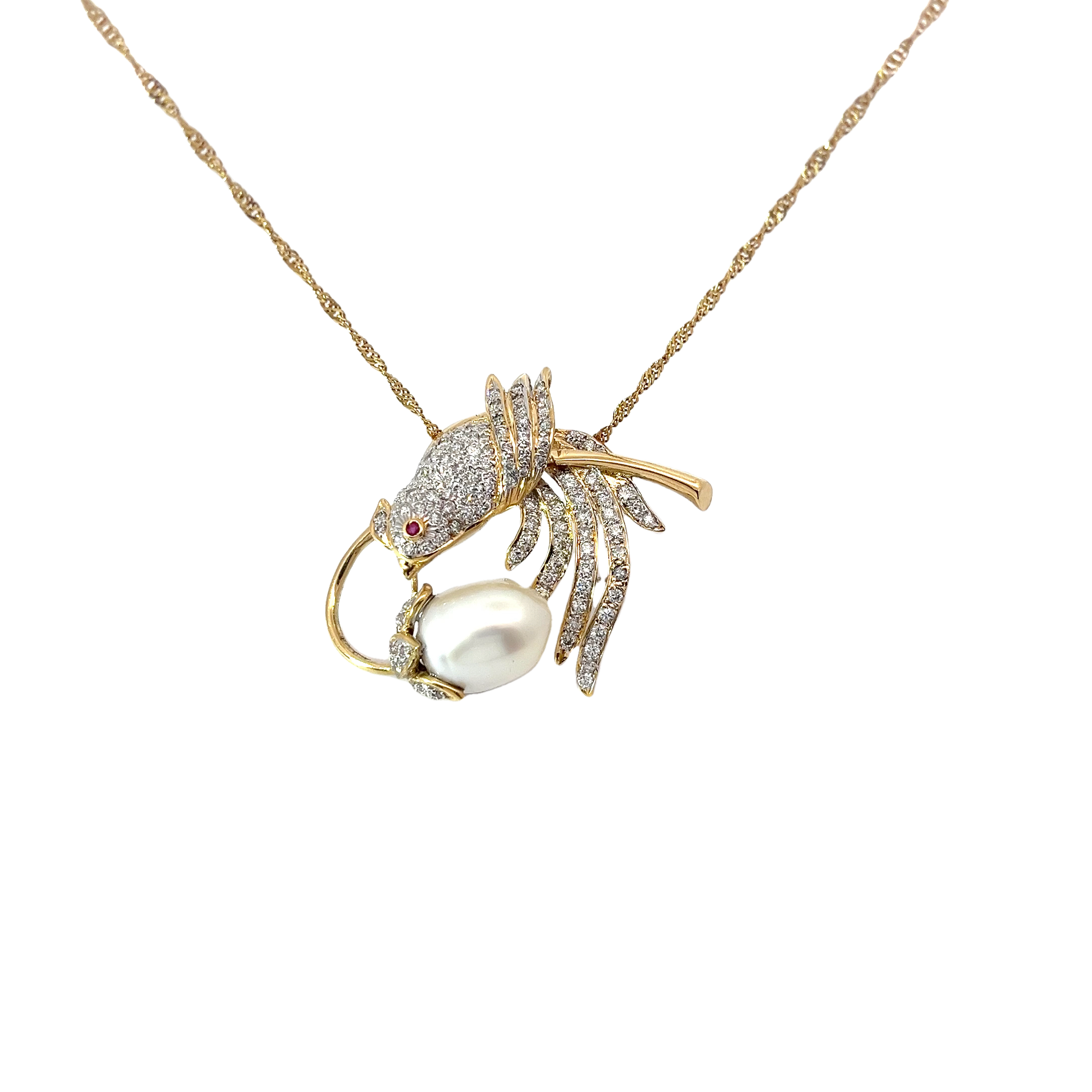 18k Yellow Gold Vintage 1.50ct F VS2 Pave Set Humming Bird Pearl Pendant