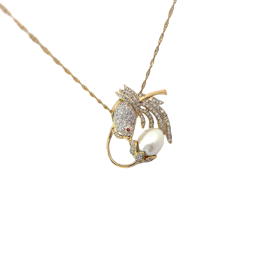 18k Yellow Gold Vintage 1.50ct F VS2 Pave Set Humming Bird Pearl Pendant