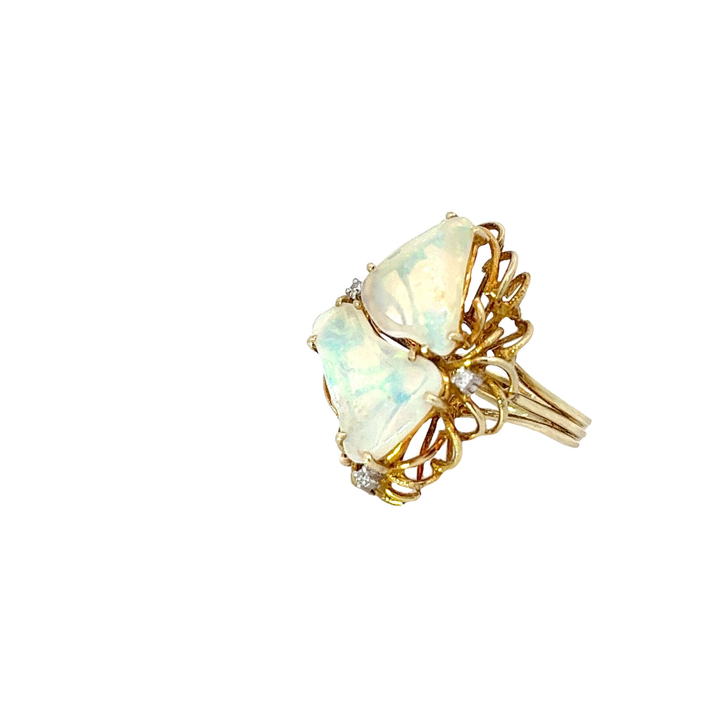 14k Yellow Gold Vintage Opal and Diamond Free Form Ring