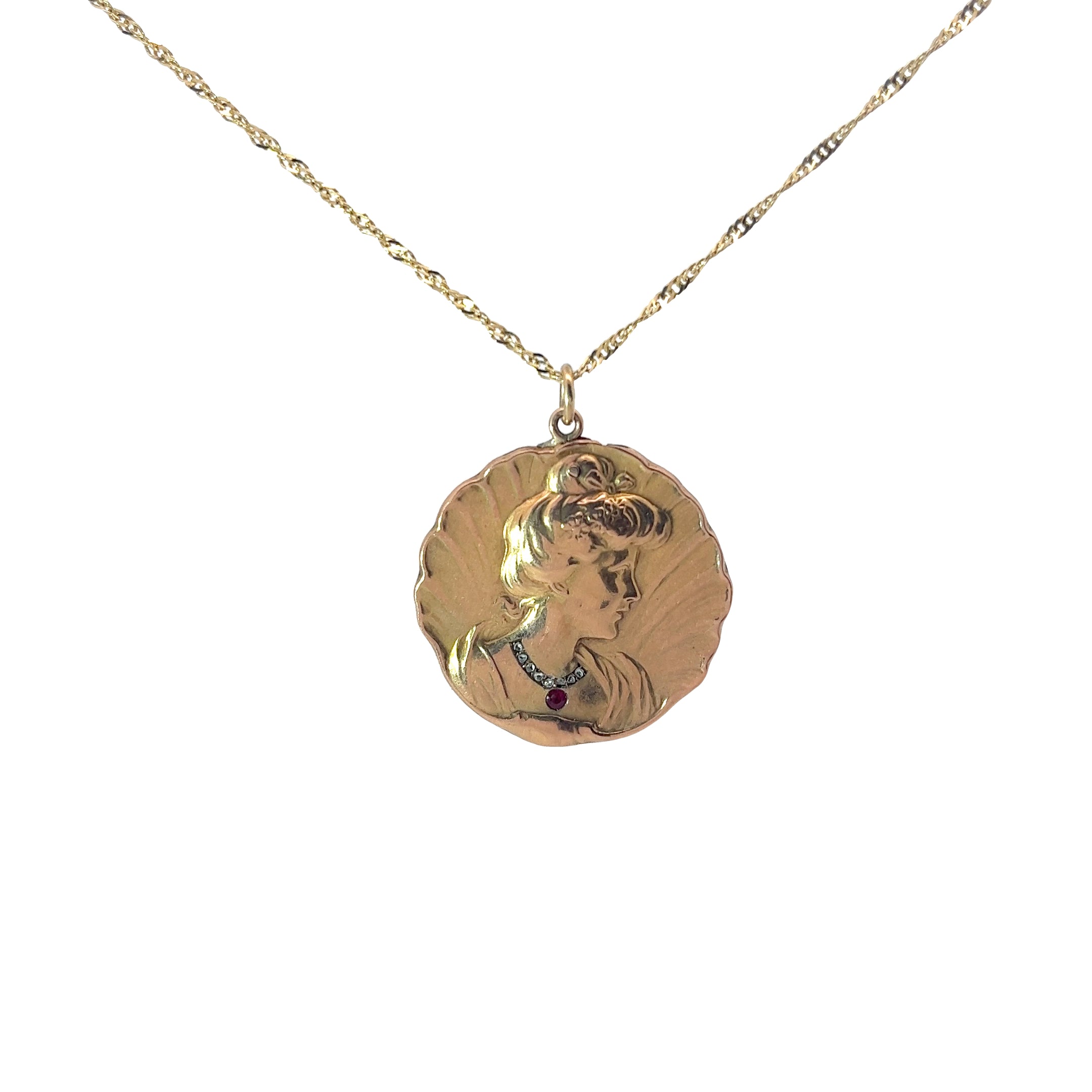 18k Yellow Gold Vintage Art Nouveau/ Edwardian Portrait with a Necklace with Round Ruby and Round Small Diamond  Pendant 18"inch