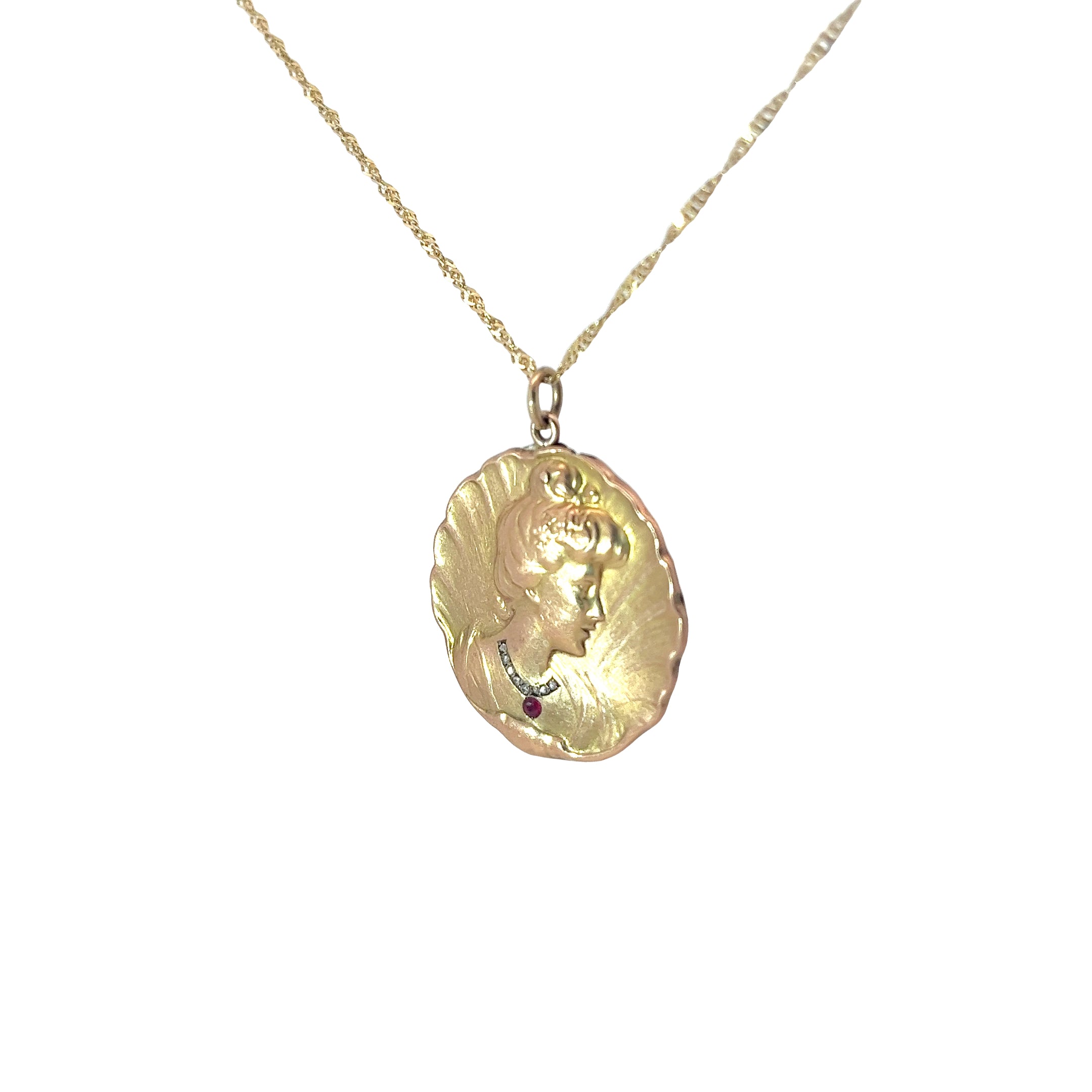 18k Yellow Gold Vintage Art Nouveau/ Edwardian Portrait with a Necklace with Round Ruby and Round Small Diamond  Pendant 18"inch