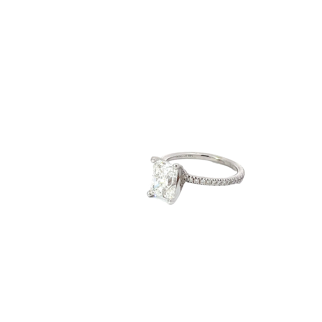 14KW 2.01CT F VS2 CUT CORNERED RECTANGULAR AND along the band .25CT G VS2 Round Diamond  Certified by GIA# 1186736871