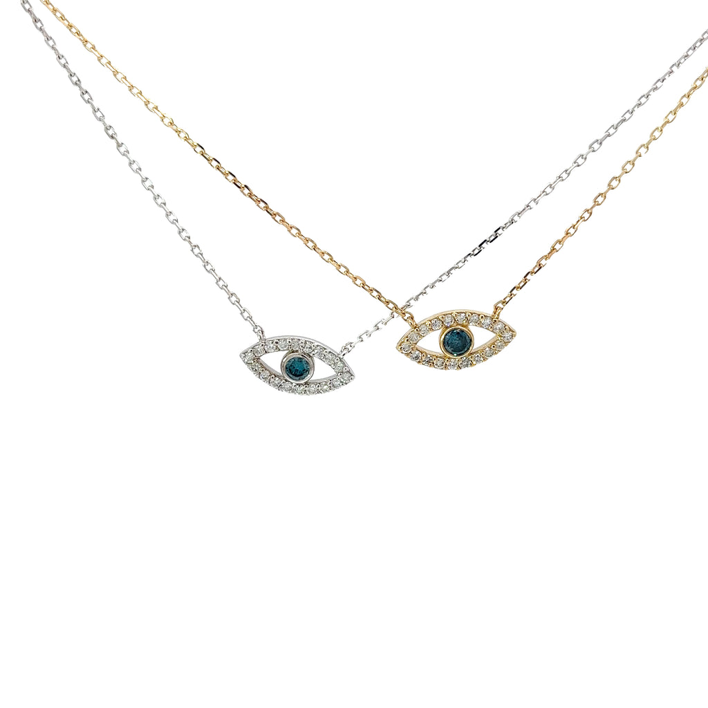 14K YELLOW AND WHITE GOLD .35CT DIAMOND AND .15CT BLUE DIAMOND EVIL EYE PENDANT