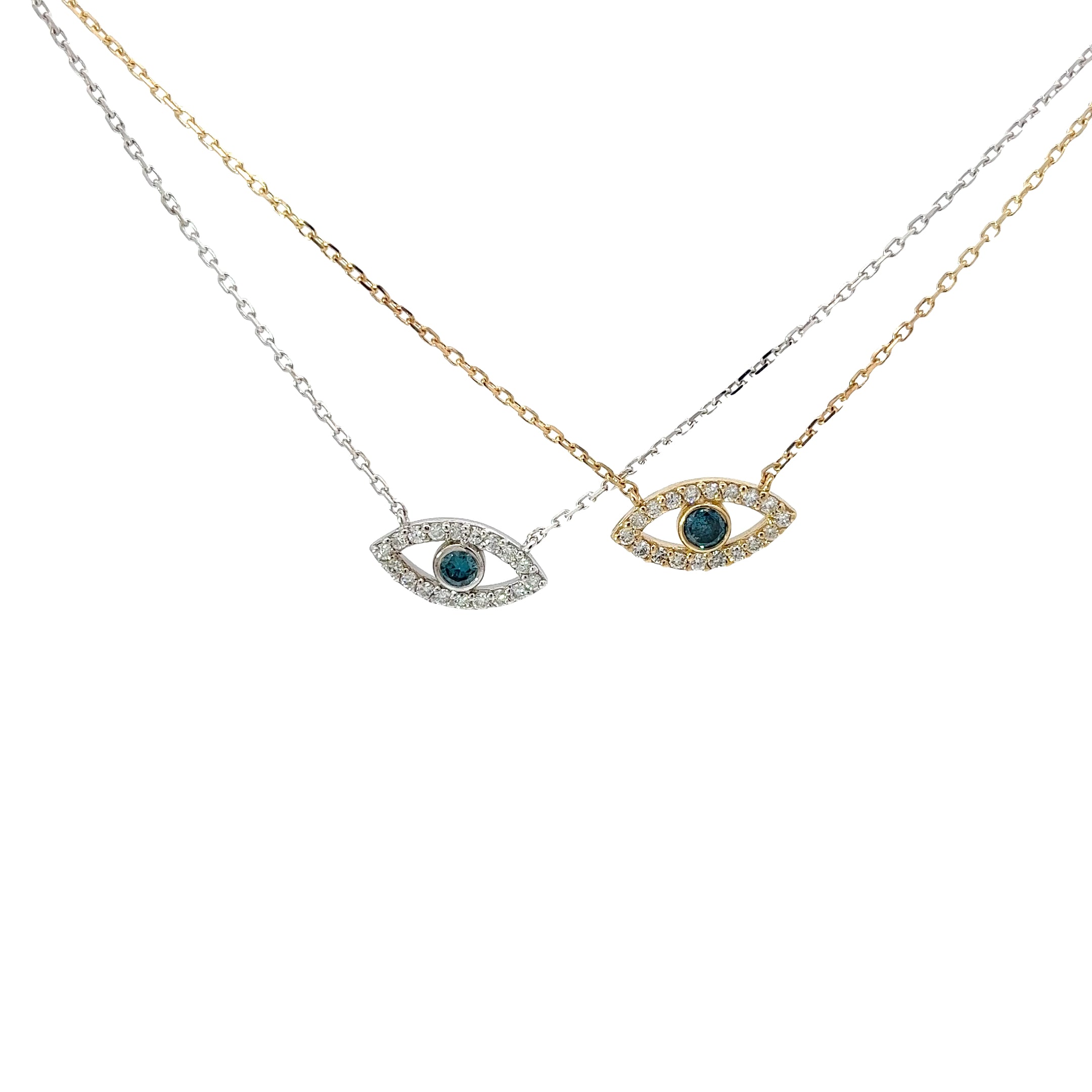 14K YELLOW AND WHITE GOLD .35CT DIAMOND AND .15CT BLUE DIAMOND EVIL EYE PENDANT