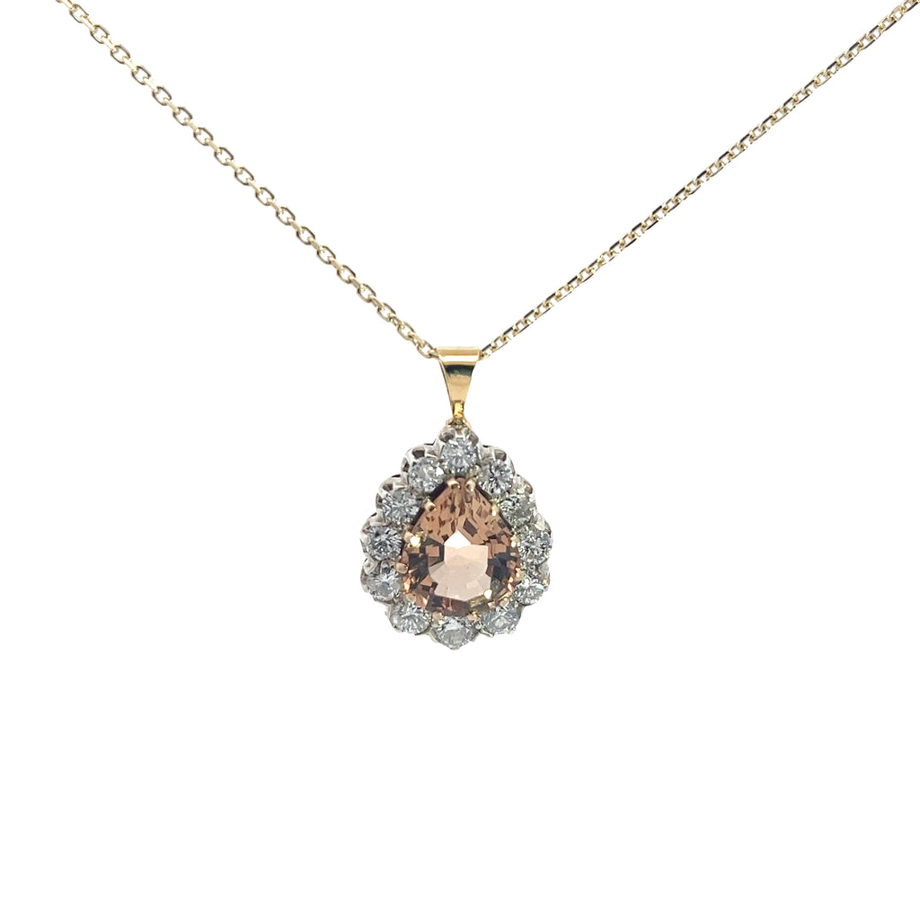 14k Two Tone 3.00ct Pear Shape Brownish Orange Topaz Antique Cut and 1.50ct  G SI1 Vintage Pendant Certified By Gia# 5231490773