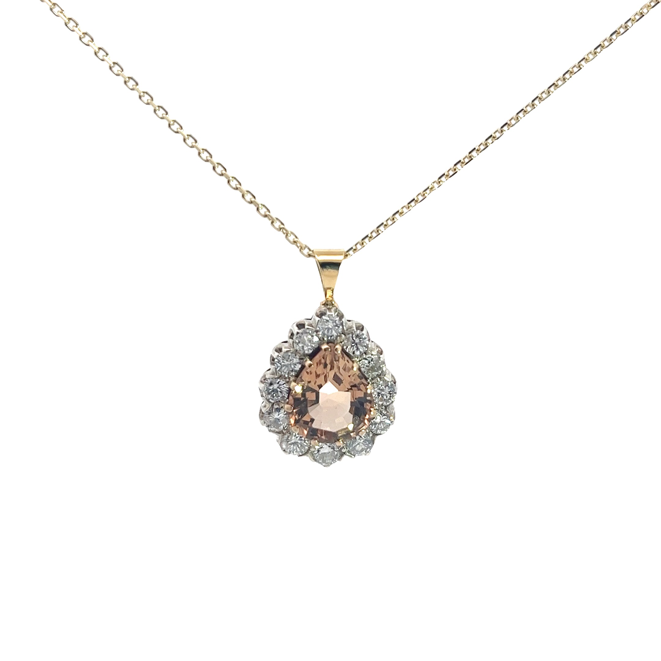 14k Two Tone 3.00ct Pear Shape Brownish Orange Topaz Antique Cut and 1.50ct  G SI1 Vintage Pendant Certified By Gia# 5231490773