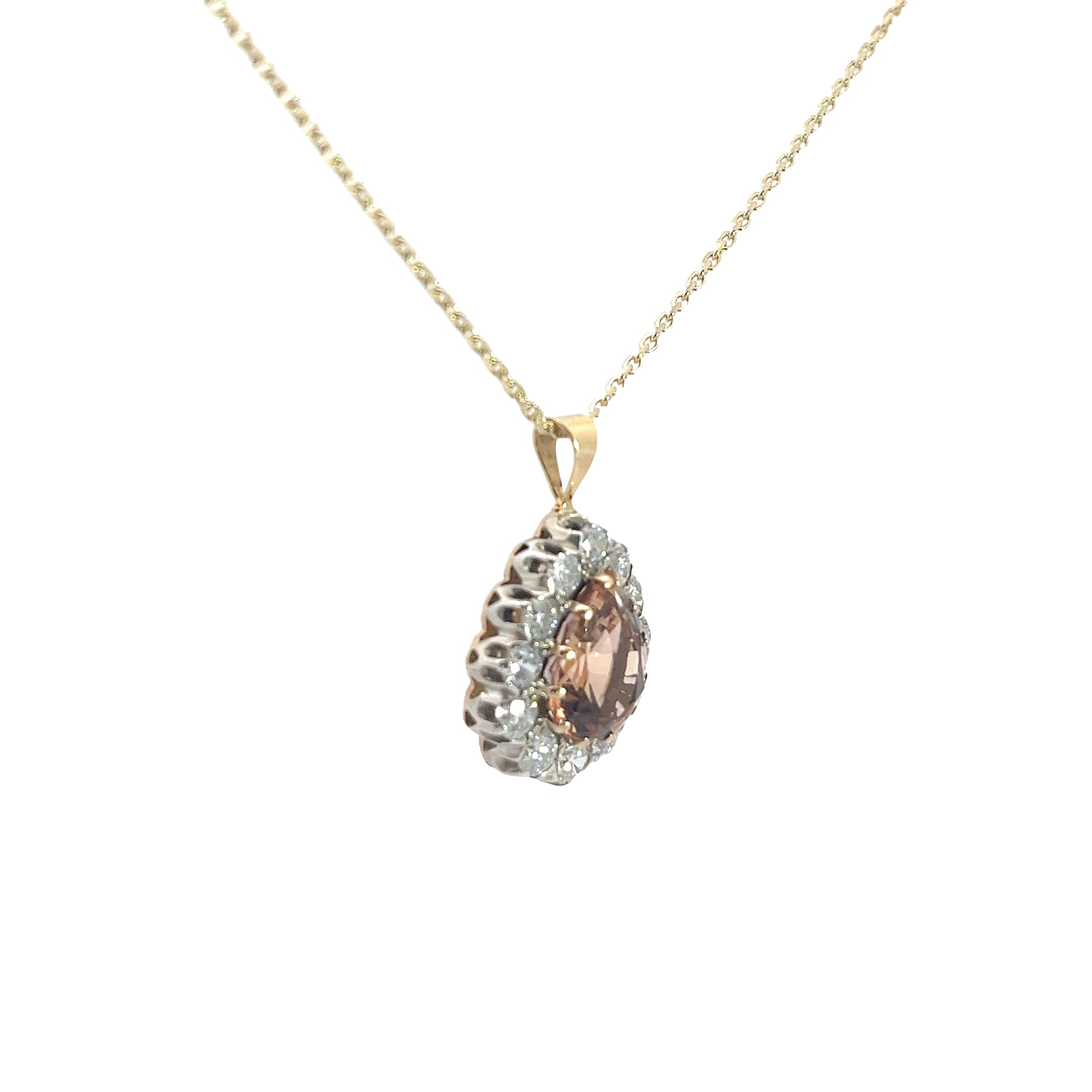 14k Two Tone 3.00ct Pear Shape Brownish Orange Topaz Antique Cut and 1.50ct  G SI1 Vintage Pendant Certified By Gia# 5231490773