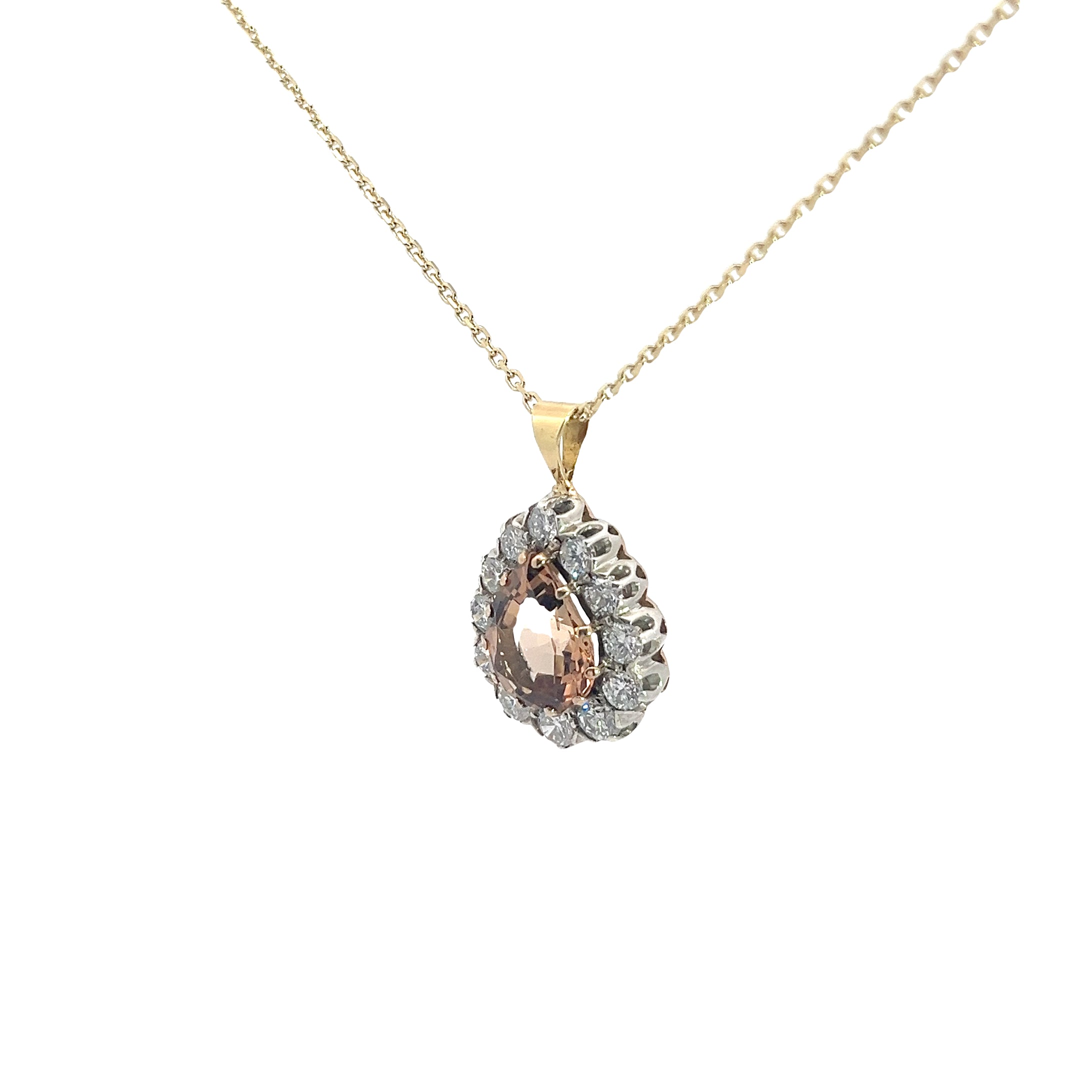 14k Two Tone 3.00ct Pear Shape Brownish Orange Topaz Antique Cut and 1.50ct  G SI1 Vintage Pendant Certified By Gia# 5231490773