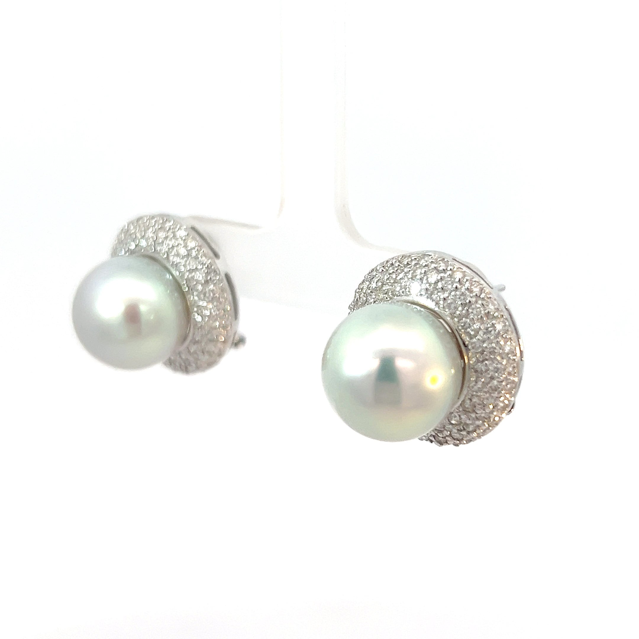 14k White Gold 2.00ct F VS2 Round Diamond Set  Around 12.5mm South Sea Pearl Earrings