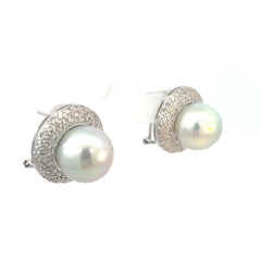 14k White Gold 2.00ct F VS2 Round Diamond Set  Around 12.5mm South Sea Pearl Earrings