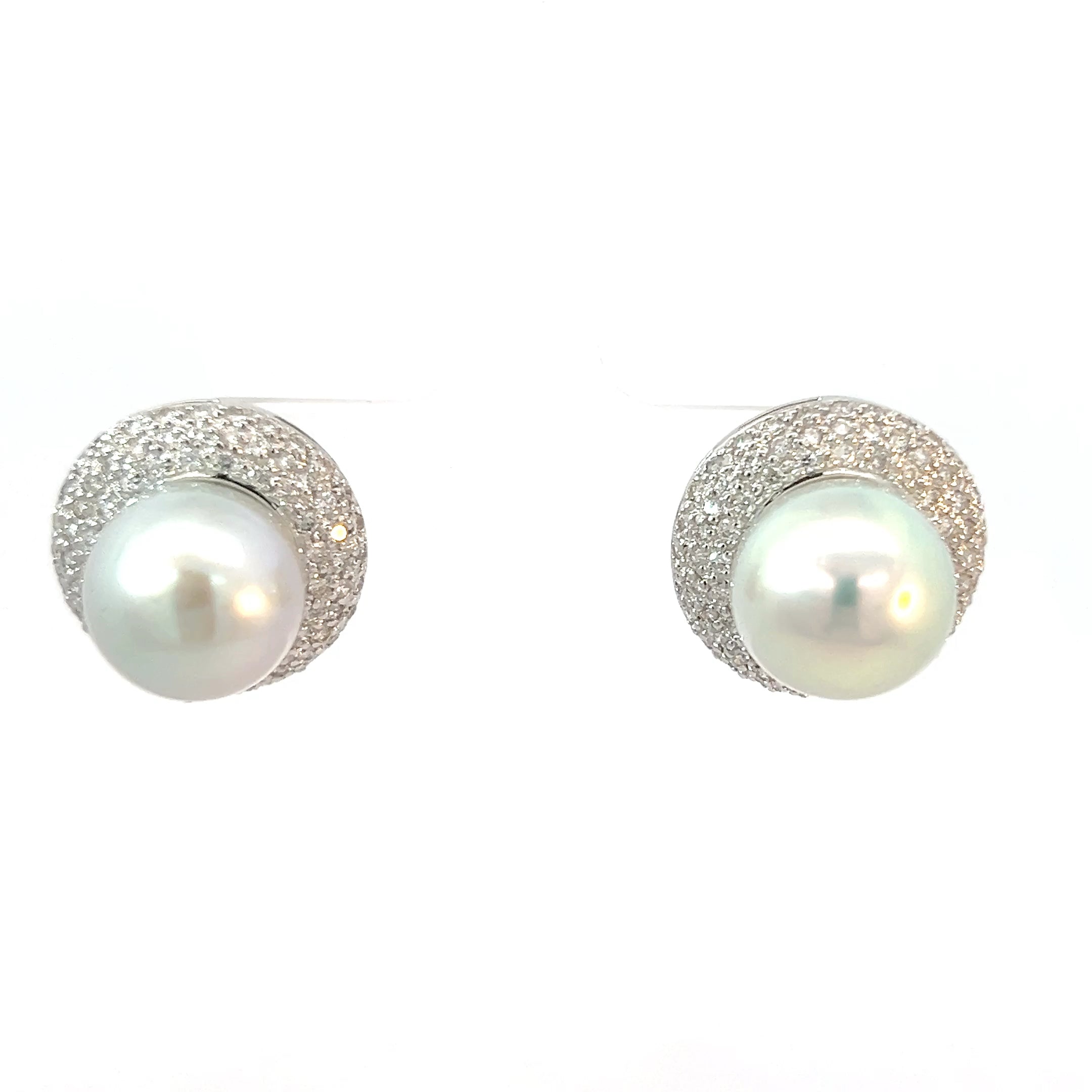 14k White Gold 2.00ct F VS2 Round Diamond Set  Around 12.5mm South Sea Pearl Earrings