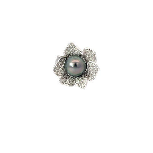 14k White Gold .38ct H SI1 Round Diamond and 10mm Tahitian Pearl Ring