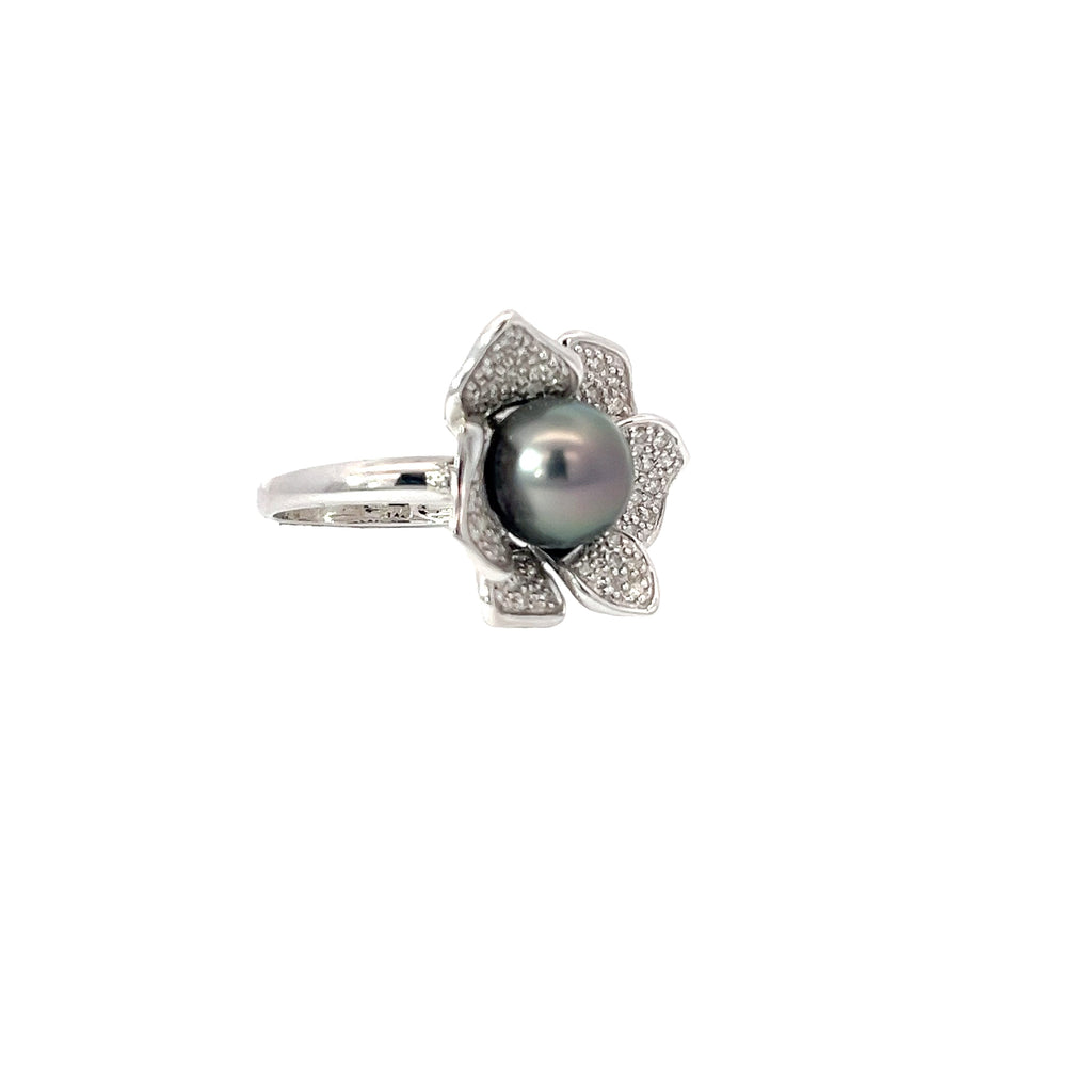 14k White Gold .38ct H SI1 Round Diamond and 10 MM Tahitian Pearl Ring