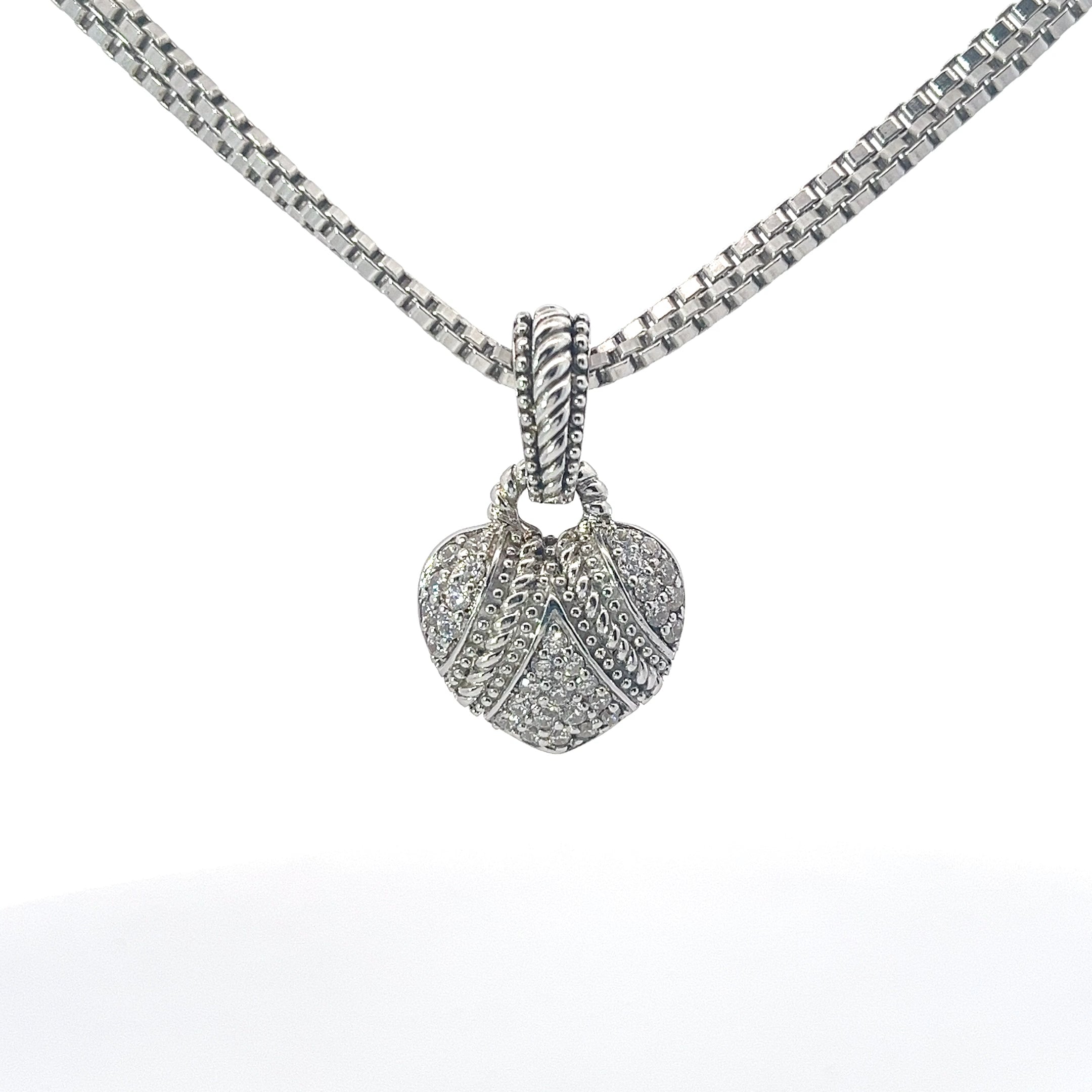 Pre-Owned Judith Ripka 925 Double Box 17"inch Necklace with CZ's Heart Pendant