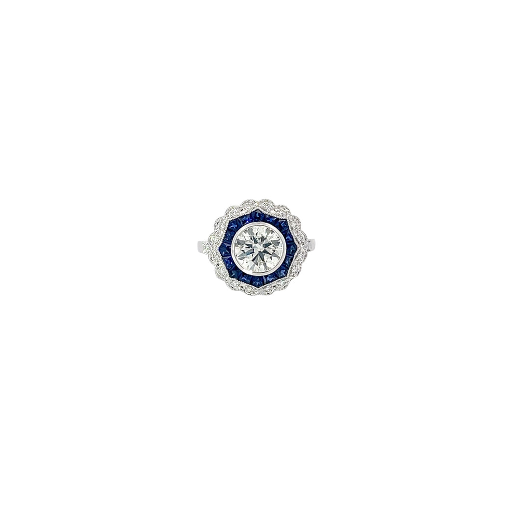 18K WHITE GOLD 1.41CT M VS2 ROUND CENTER DIAMOND AND 1.00CT BLUE SAPPHIRE ON THE HALO /.20CT DIAMOND FOR 1.50CT ROUND DIAMOND ON THE HALO 9.02MM