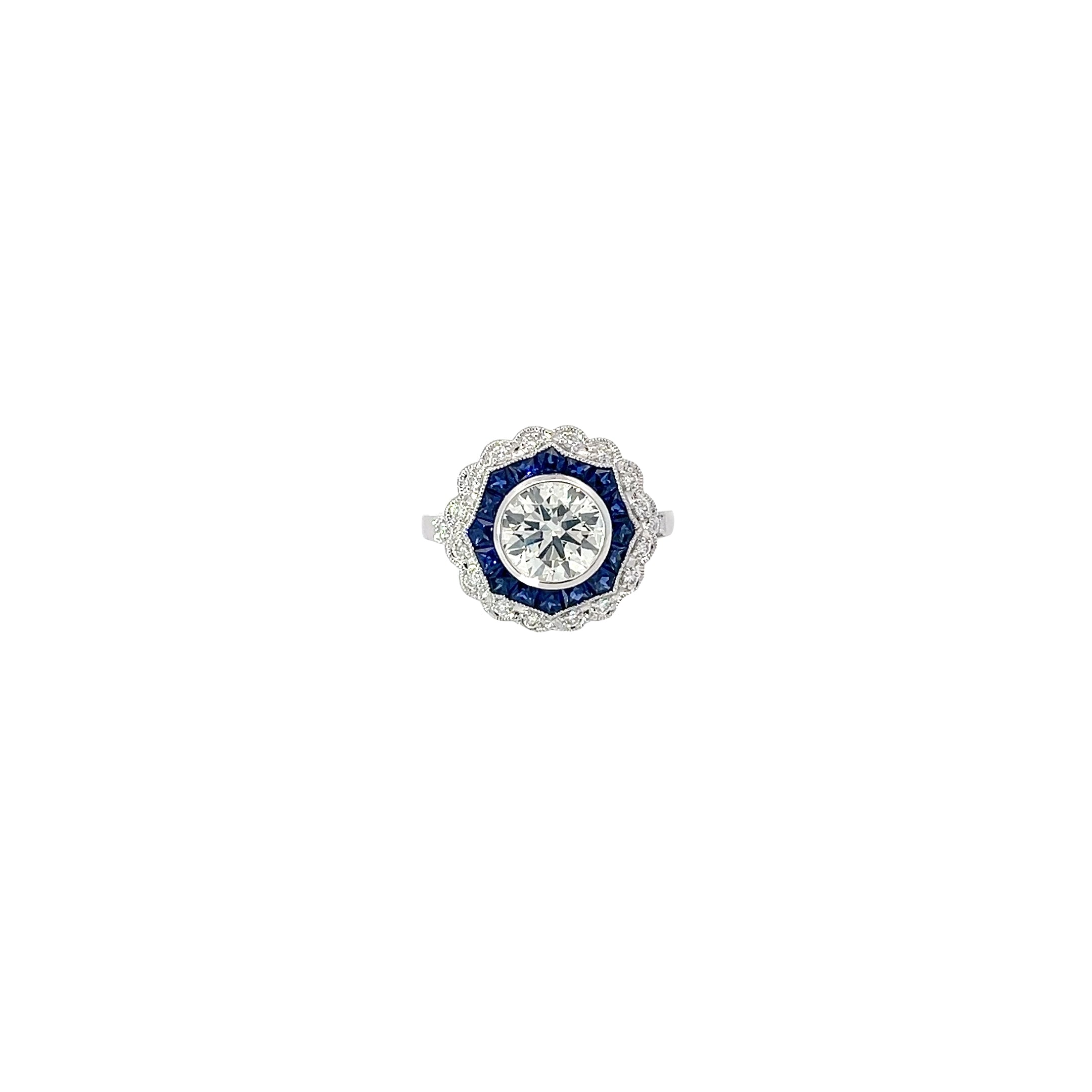 18K WHITE GOLD 1.41CT M VS2 ROUND CENTER DIAMOND AND 1.00CT BLUE SAPPHIRE ON THE HALO /.20CT DIAMOND FOR 1.50CT ROUND DIAMOND ON THE HALO 9.02MM