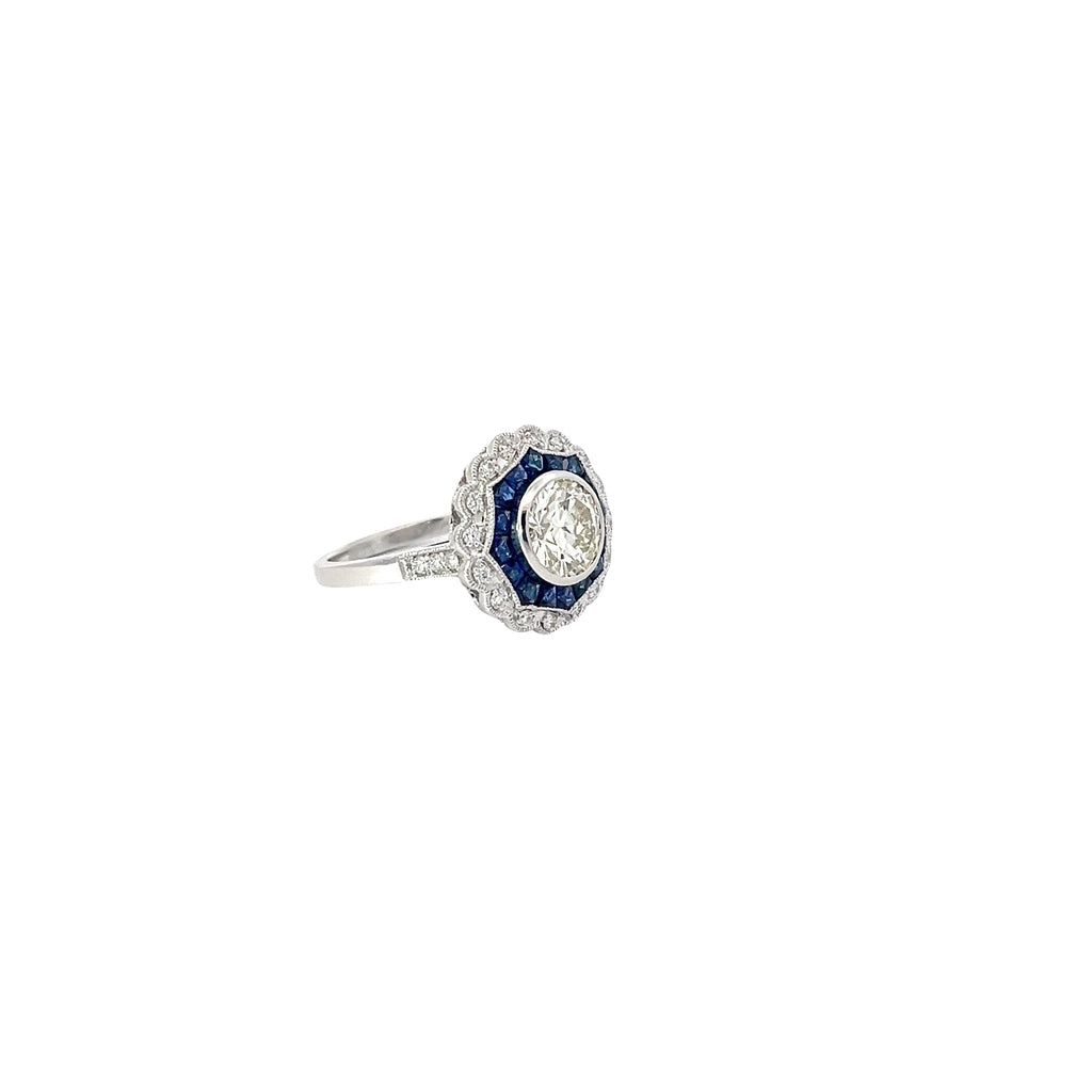 18K WHITE GOLD 1.41CT M VS2 ROUND CENTER DIAMOND AND 1.00CT BLUE SAPPHIRE ON THE HALO /.20CT DIAMOND FOR 1.50CT ROUND DIAMOND ON THE HALO 9.02MM