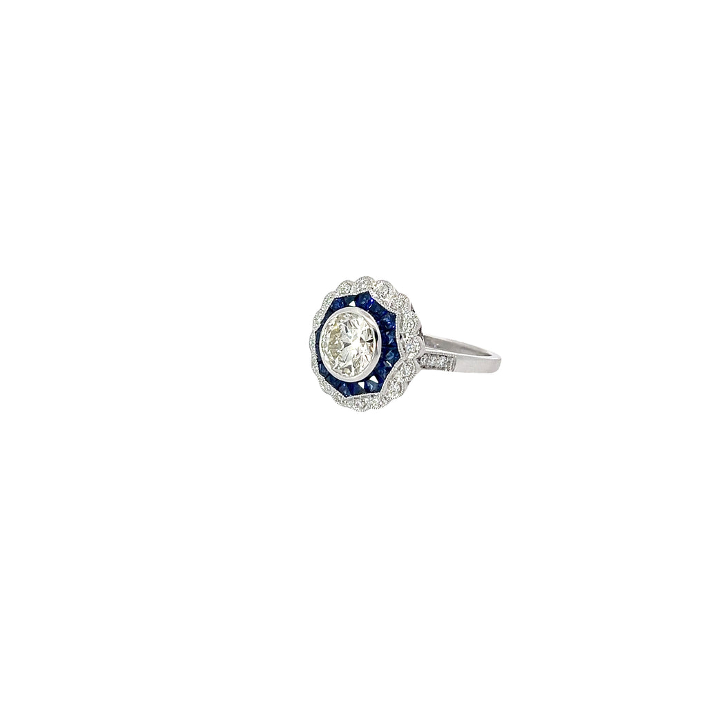 18K WHITE GOLD 1.41CT M VS2 ROUND CENTER DIAMOND AND 1.00CT BLUE SAPPHIRE ON THE HALO /.20CT DIAMOND FOR 1.50CT ROUND DIAMOND ON THE HALO 9.02MM