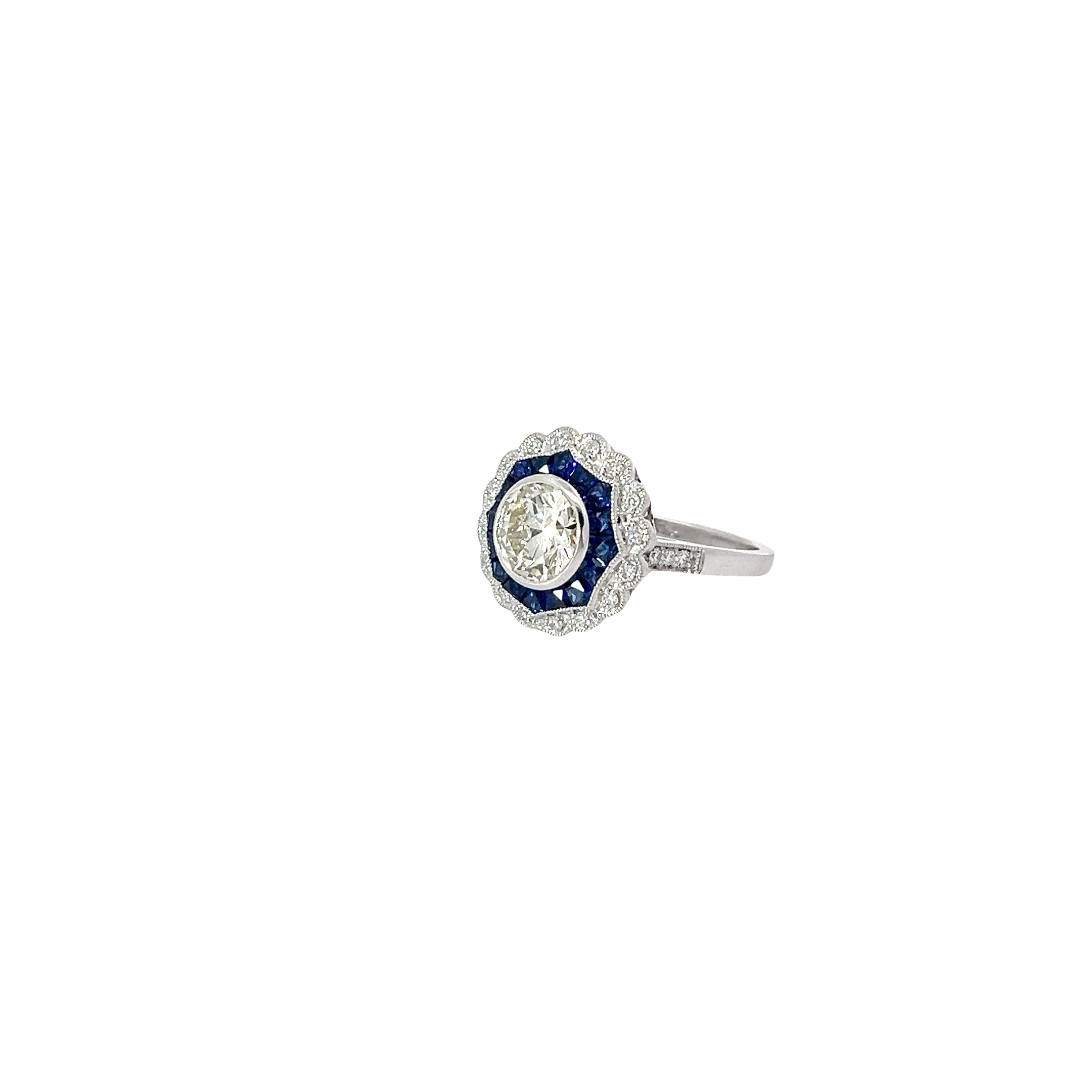 18K WHITE GOLD 1.41CT M VS2 ROUND CENTER DIAMOND AND 1.00CT BLUE SAPPHIRE ON THE HALO /.20CT DIAMOND FOR 1.50CT ROUND DIAMOND ON THE HALO 9.02MM
