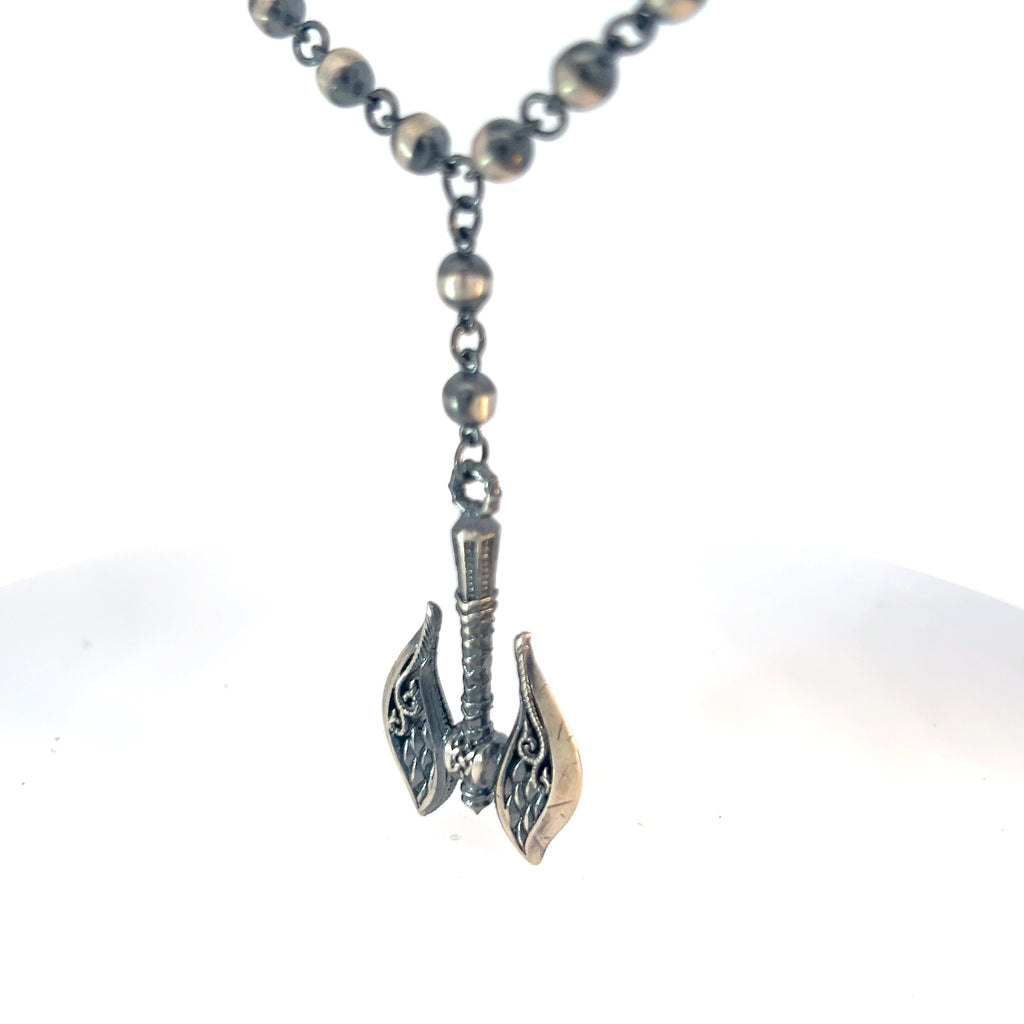 Sterling Silver 65.1 gram Beaded Necklace / Warrior Battle Axe Labrys Pendant