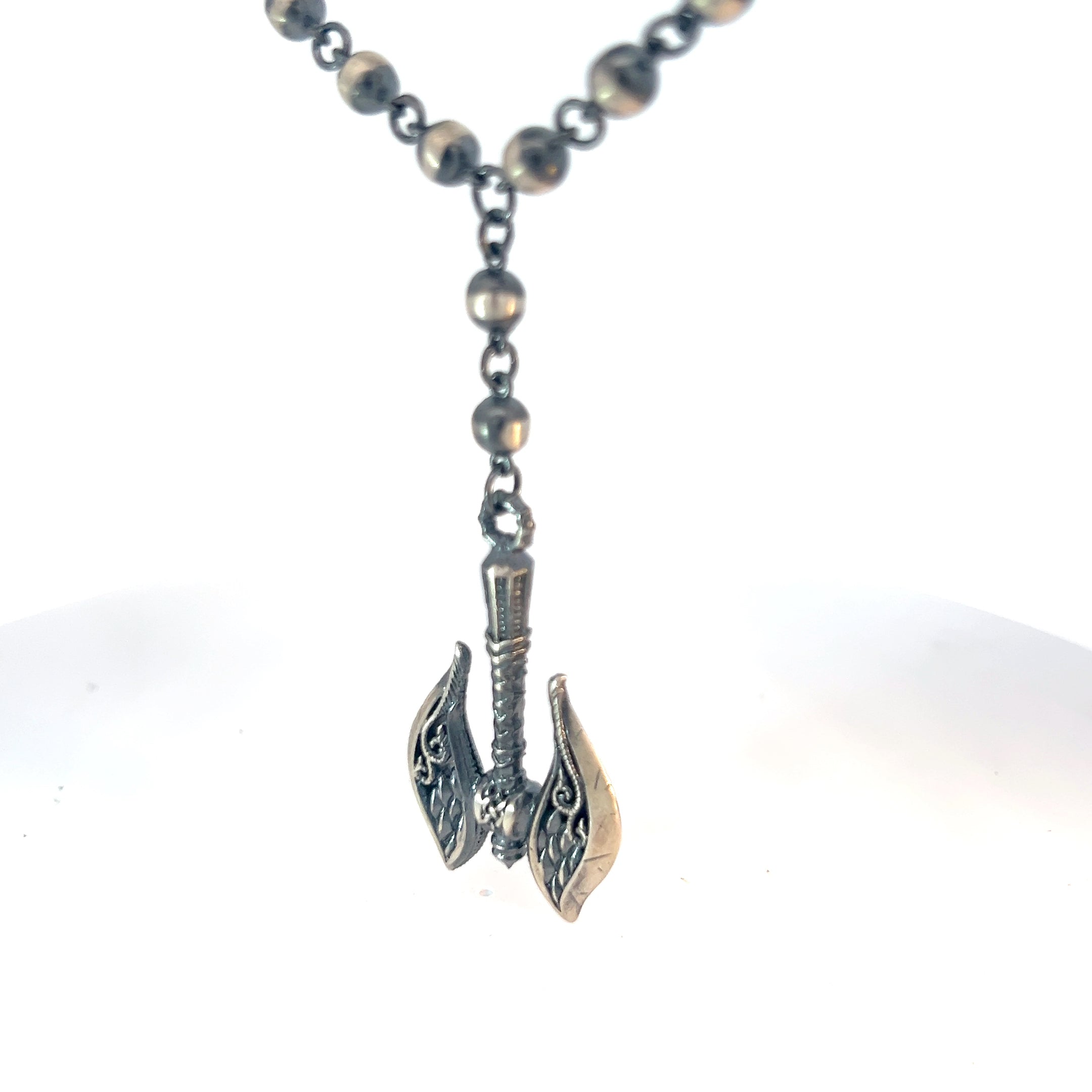 Sterling Silver 65.1 gram Beaded Necklace / Warrior Battle Axe Labrys Pendant