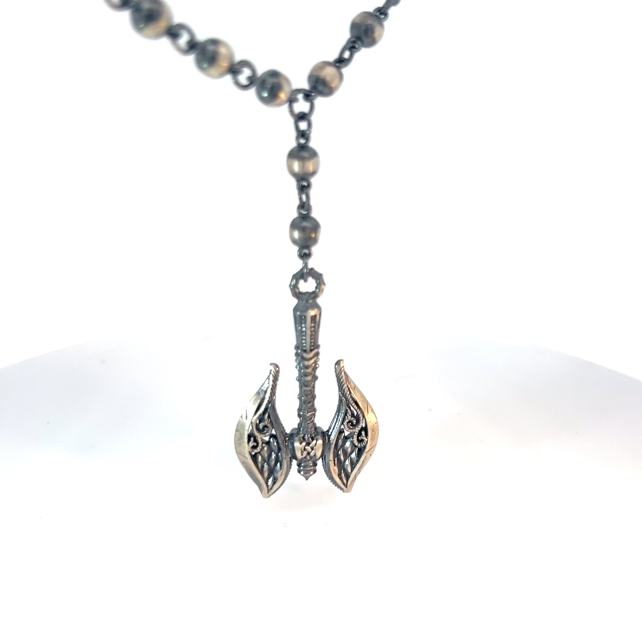 Sterling Silver 65.1 gram Beaded Necklace / Warrior Battle Axe Labrys Pendant