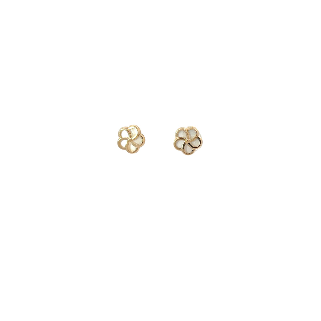 14k Yellow Gold Mother of Pearl Enamel Flower Stud Earrings
