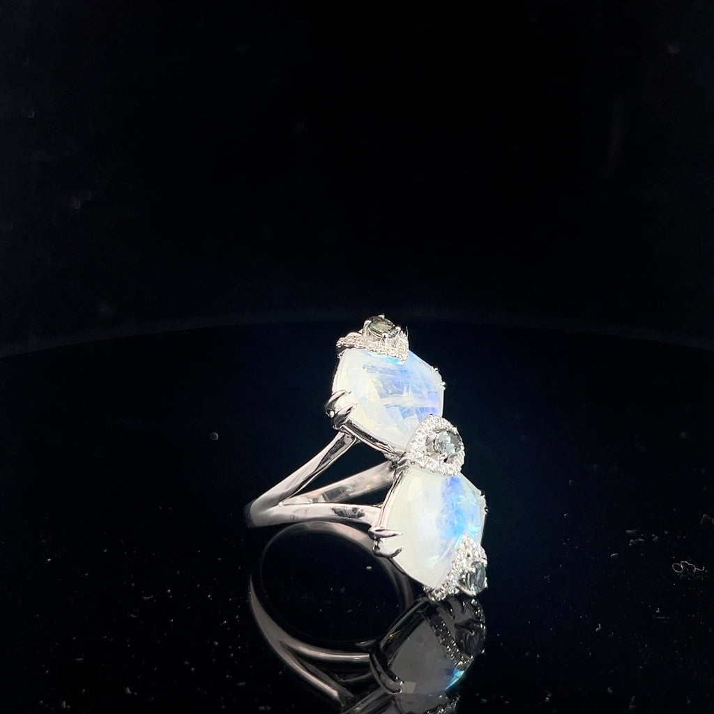 18k White Gold .25ct G VS2 Round Diamond with Moon Stone and Alexandrite Ring
