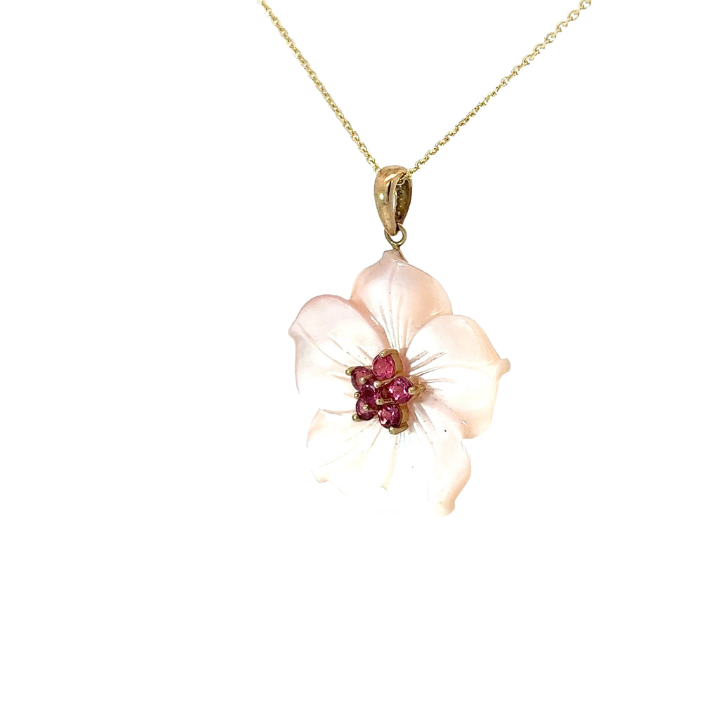 14k Yellow Gold Six Pink Tourmaline and Mother of Pearl necklace