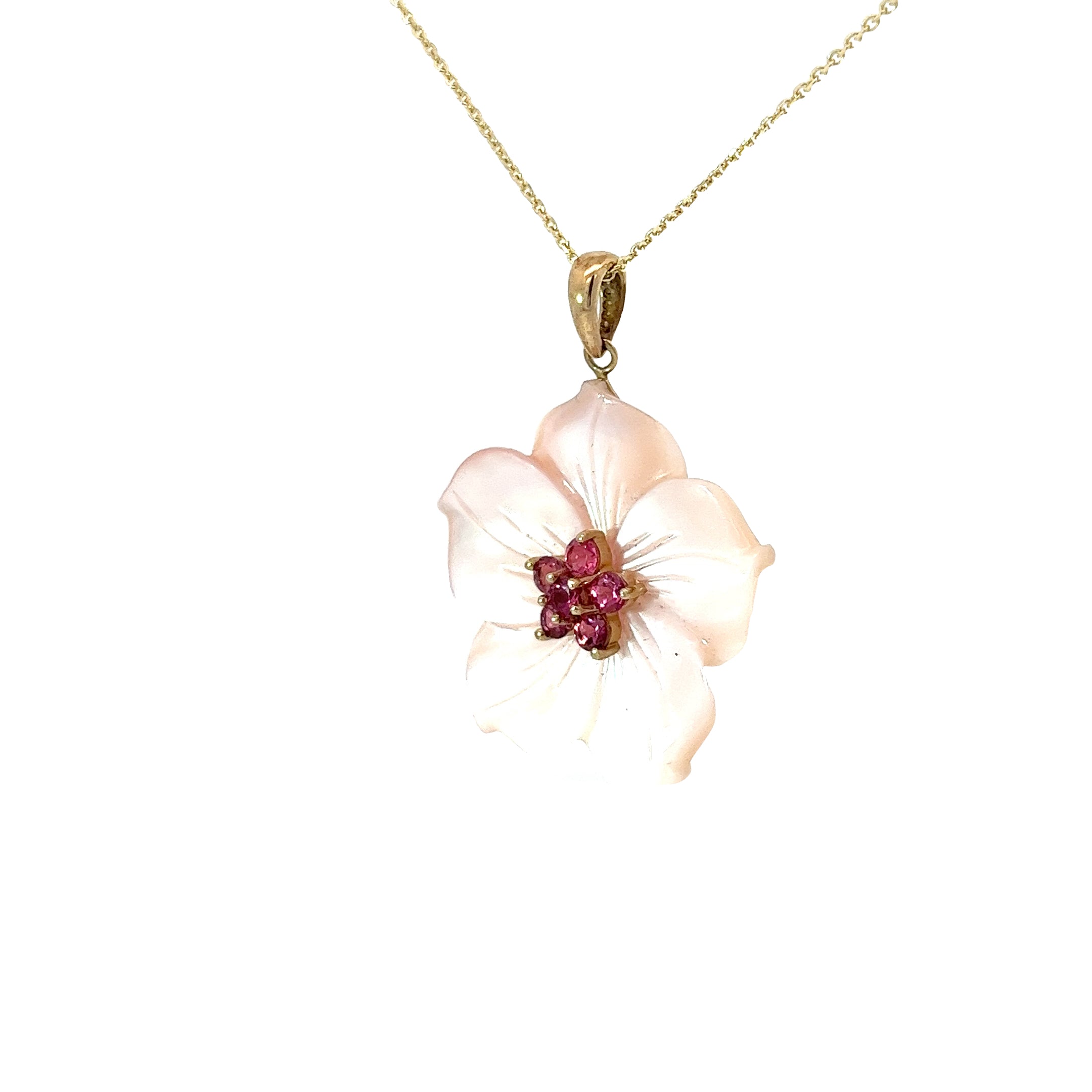 14k Yellow Gold Six Pink Tourmaline and Mother of Pearl necklace