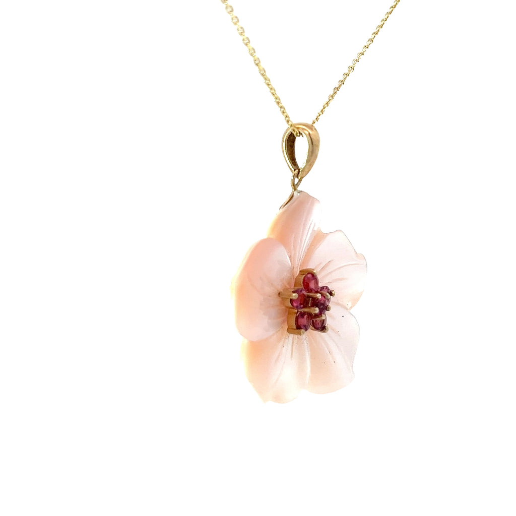 14k Yellow Gold Six Pink Tourmaline and Mother of Pearl necklace