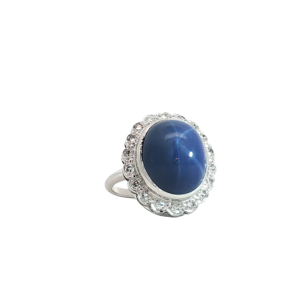 14k White Gold 14 x 12 Oval Cabochon Lindy Star Sapphire/ .30ct F VS2 Round Diamond Ring