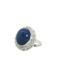 14k White Gold 14 x 12 Oval Cabochon Lindy Star Sapphire/ .30ct F VS2 Round Diamond Ring