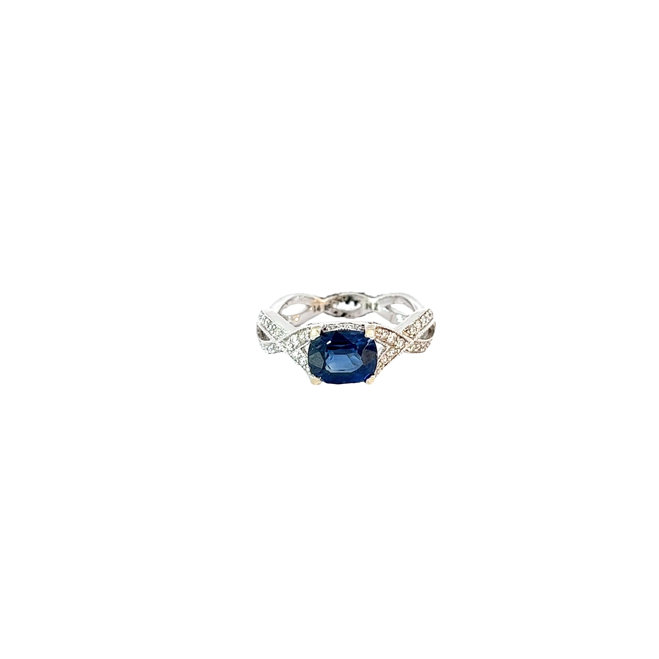 14k white gold 1.90ct Blue Sapphire Cushion Cut and .50ct F VS2 Round  Ring