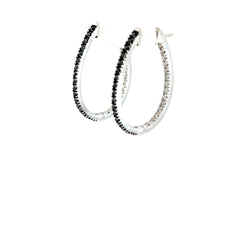 14k White Gold .50ct G VS2 Round Diamond and .50ct Round Black Diamond Inside/Out Hoop Earrings  Oval 1"inch