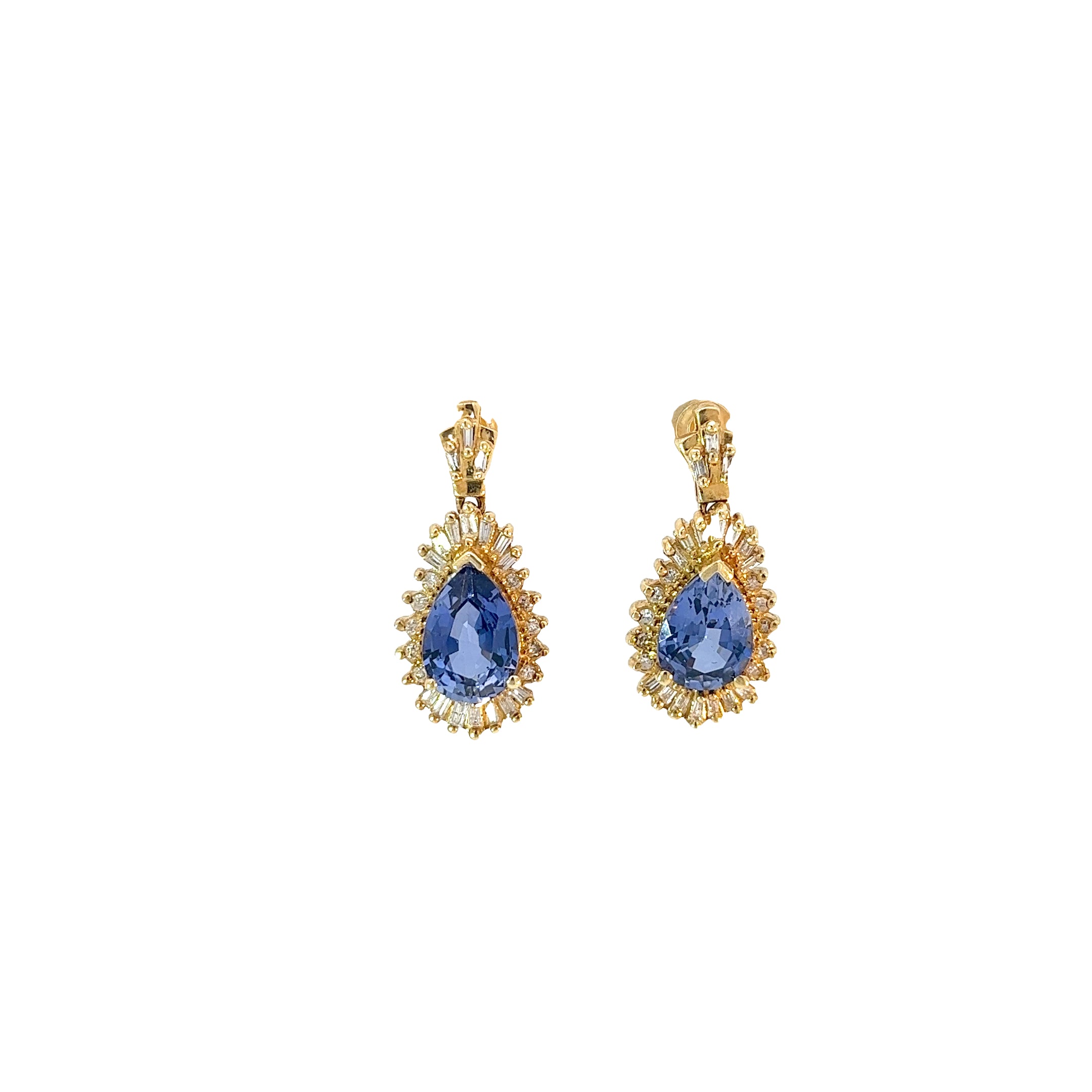 18k Yellow Gold 3.00ct Tanzanite and .50ct F VS2 Round Diamond Drop Earrings