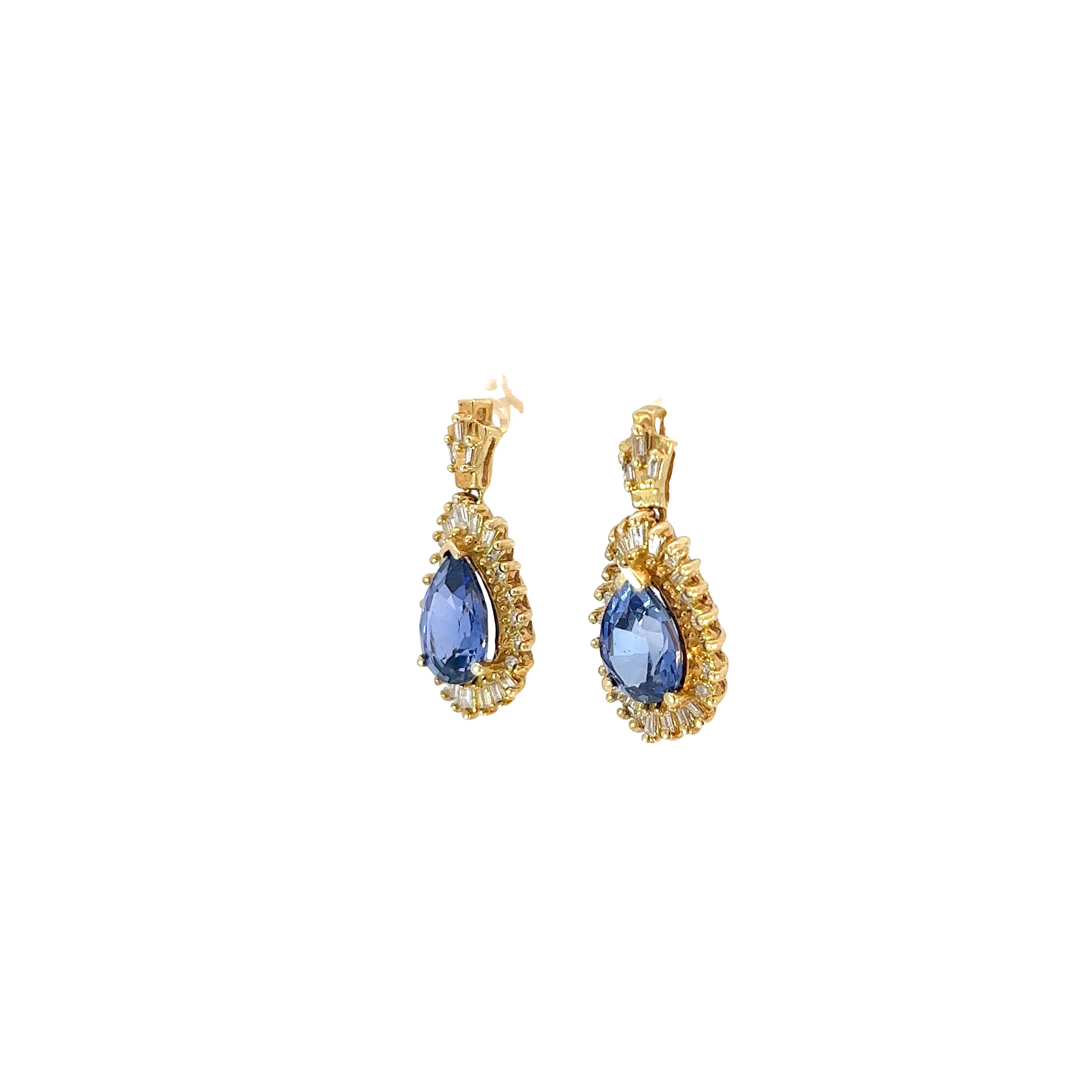18k Yellow Gold 3.00ct Tanzanite and .50ct F VS2 Round Diamond Drop Earrings
