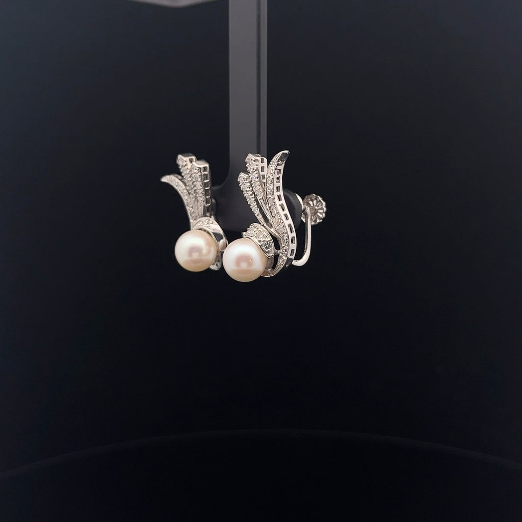 14k White Gold .50ct F VS2 Round Diamond and Fresh Water White Pearl 7mm Vintage Earrings