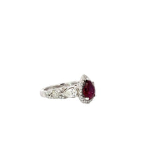 14K White Gold 1.70ct Pear Shaped Ruby / .85ct (2) Pear Shaped Diamond and .35ct F VS2 Round Ring Certified By GIA # 2213289908