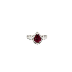 14K White Gold 1.70ct Pear Shaped Ruby / .85ct (2) Pear Shaped Diamond and .35ct F VS2 Round Ring Certified By GIA # 2213289908