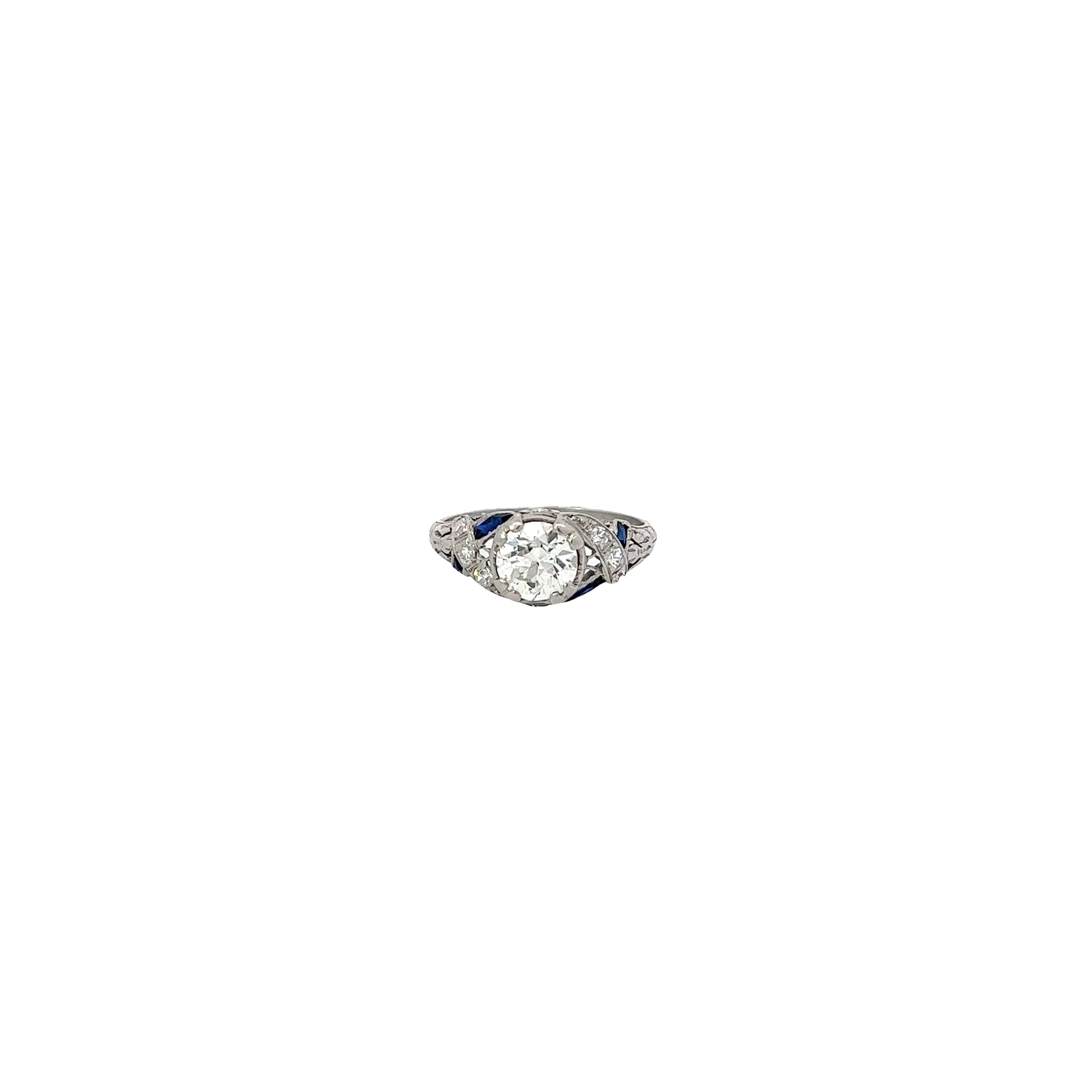 Platinum 1.15ct I VS2 Round Old Mine Cut Diamond and Sapphire Engagement Ring