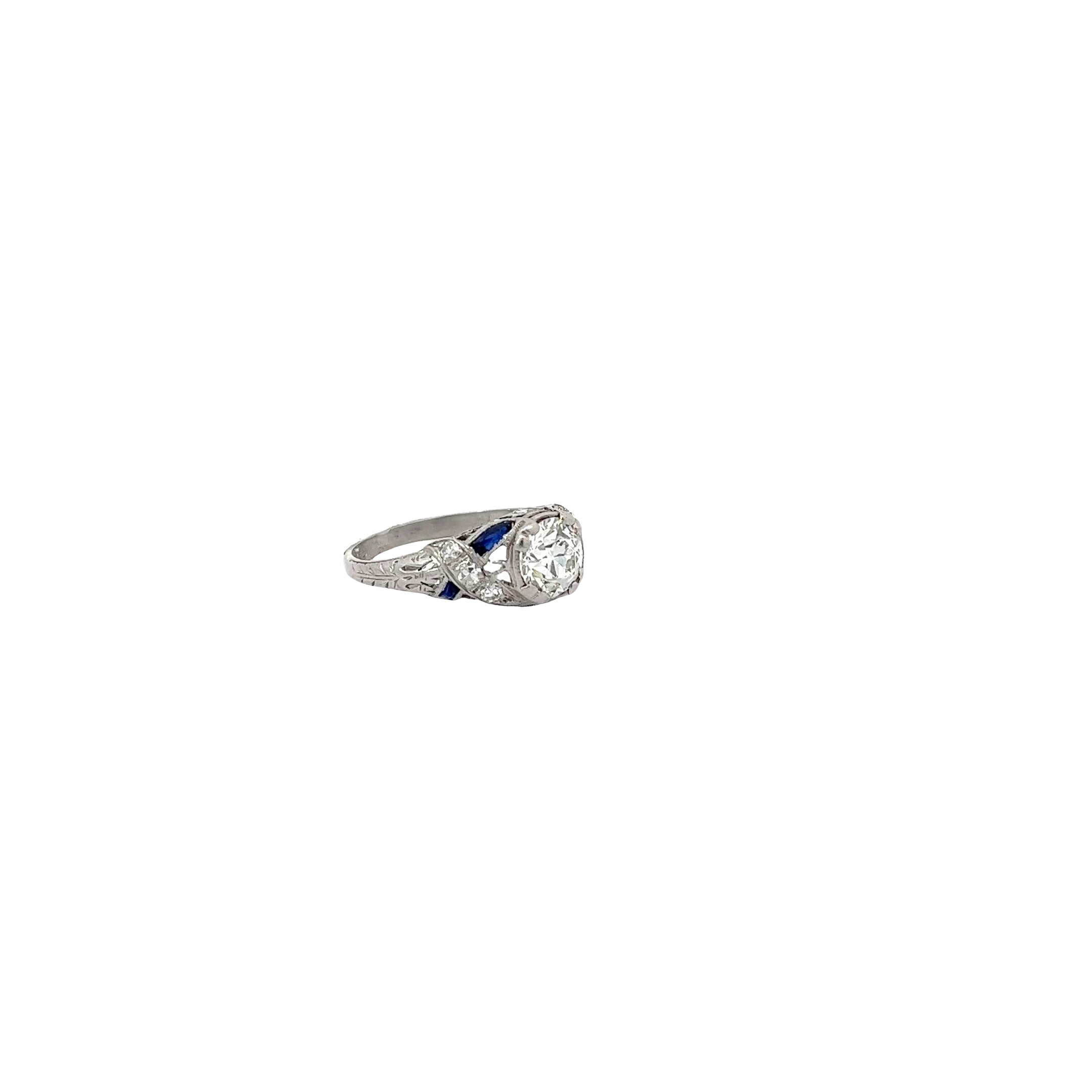 Platinum 1.15ct I VS2 Round Old Mine Cut Diamond and Sapphire Engagement Ring